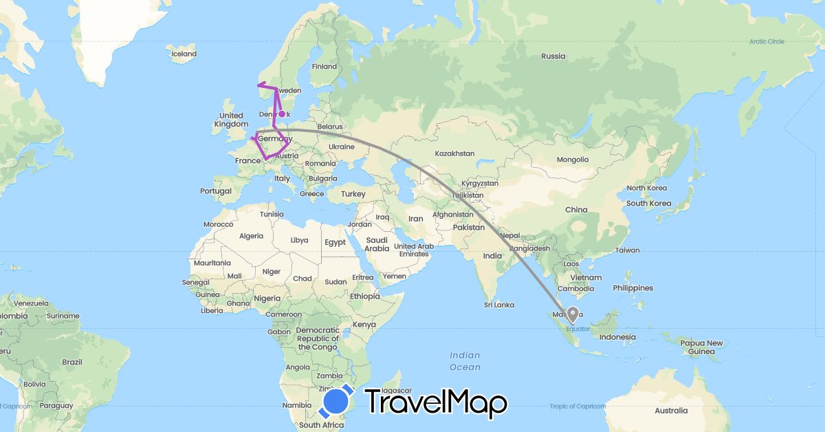 TravelMap itinerary: driving, plane, train in Belgium, Switzerland, Czech Republic, Germany, Denmark, Netherlands, Norway, Singapore (Asia, Europe)