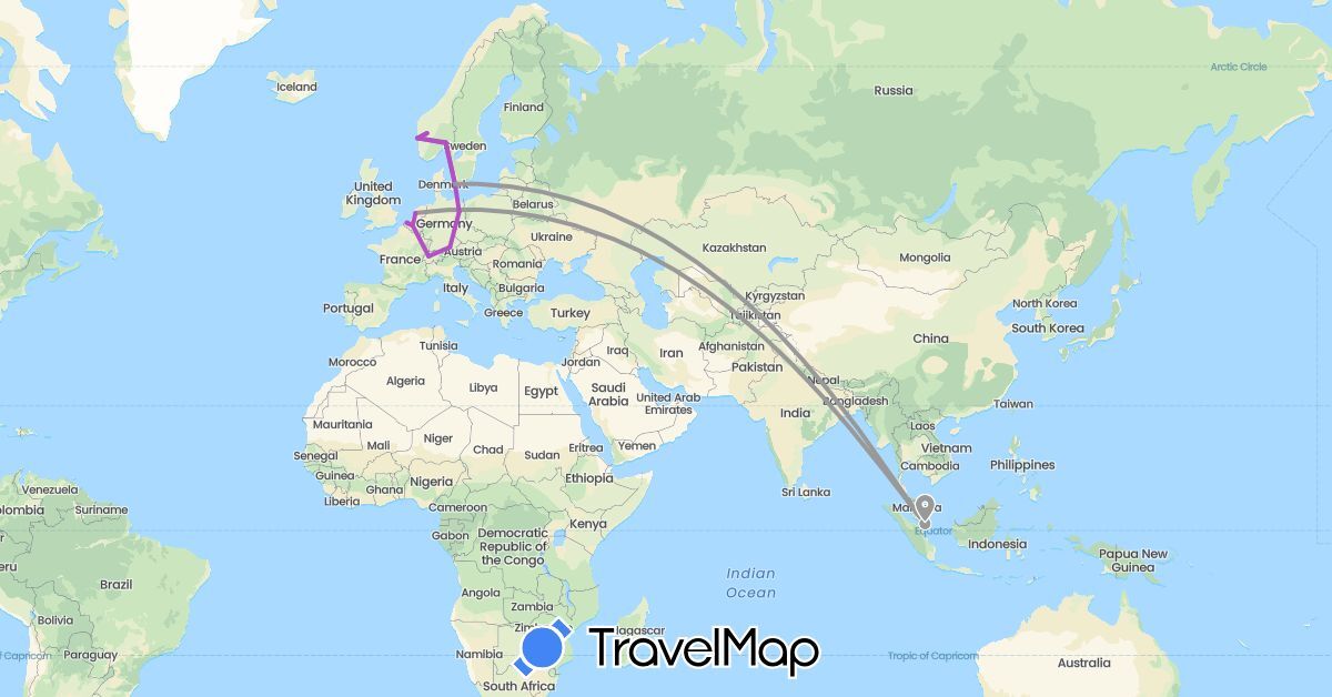 TravelMap itinerary: driving, plane, train in Belgium, Switzerland, Germany, Denmark, Netherlands, Norway, Singapore (Asia, Europe)